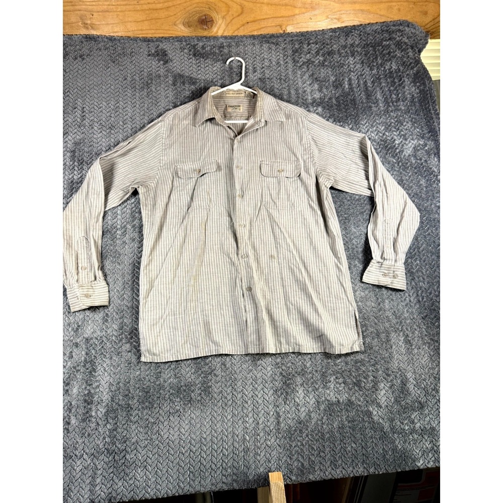 Oakton Full Cut Shirt Mens Large Beige Striped Side Slit Cotton Button Up Casual